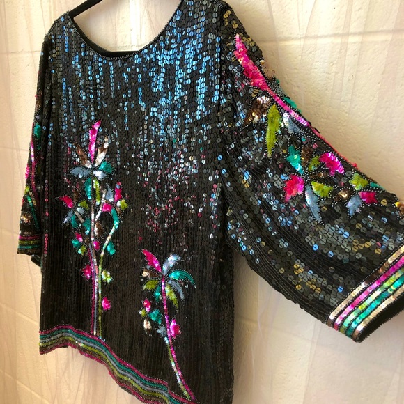 Vintage Creative Creations Black Sequined Silk Blouse with Palm Trees - Picture 4 of 6